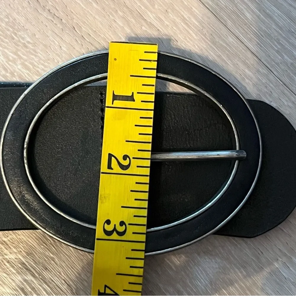 NEW Sisley Black Leather Wide Oversized Oval Buckle Silver Belt S